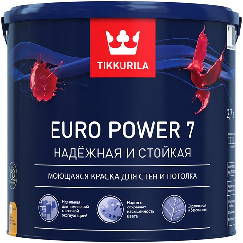 Фото 4 - Краска Тиккурила Евро Пауэр 7 (Euro Power 7) латексная моющаяся матовая интерьерная (База А) (9л) Tikkurila.