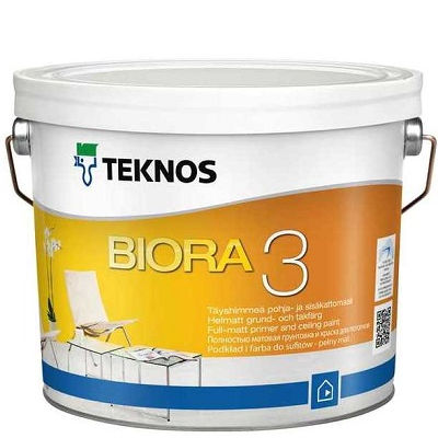 Фото 3 - Краска Текнос "Биора 3" (Biora 3) акрилатная совершенно матовая для грунтовки и потолков (2.7 л) "Teknos" ( белая).