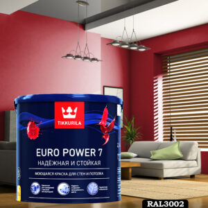 Фото 3 - Краска TIKKURILA Euro Power 7,  RAL 3002 Карминно-красный, латексная моющаяся матовая интерьерная, 9 л.