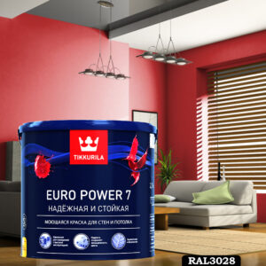 Фото 20 - Краска TIKKURILA Euro Power 7,  RAL 3028 Красный, латексная моющаяся матовая интерьерная, 9 л.