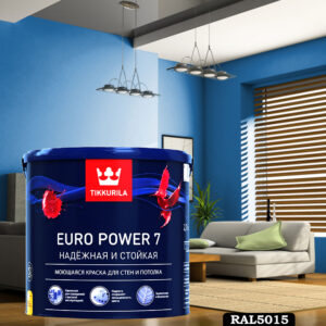 Фото 15 - Краска TIKKURILA Euro Power 7,  RAL 5015 Небесно-синий, латексная моющаяся матовая интерьерная, 9 л.