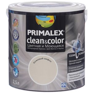 Фото 6 - Краска Primalex Clean&Color, цвет Бежевый Шифон, итерьерная, для ванной и кухни, 2,5л.