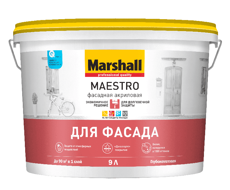 Фото 1 - Краска "Marshall" Маэстро Фасадная (Maestro) акриловая глубокоматовая для наружных работ  - база BW ( 9 л) "Маршал".