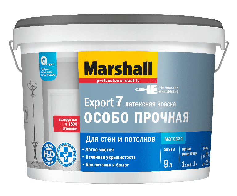 Фото 1 - Краска "Marshall" Экспорт 7 (Export 7) латексная матовая особопрочная для стен и потолков  - база BW ( 9 л) "Маршал".